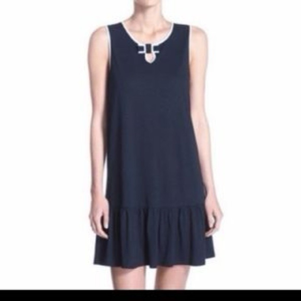 Kate Spade Navy Blue Sleeveless Bow Keyhole Ruffle Hem Shift Dress Small